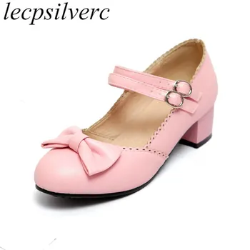 

Women Pumps Shoes High Heel Sexy New Fashion Square Heel Spring Autumn Pu Butterfly-knot Buckle Party Shoe Purple Pink Beige