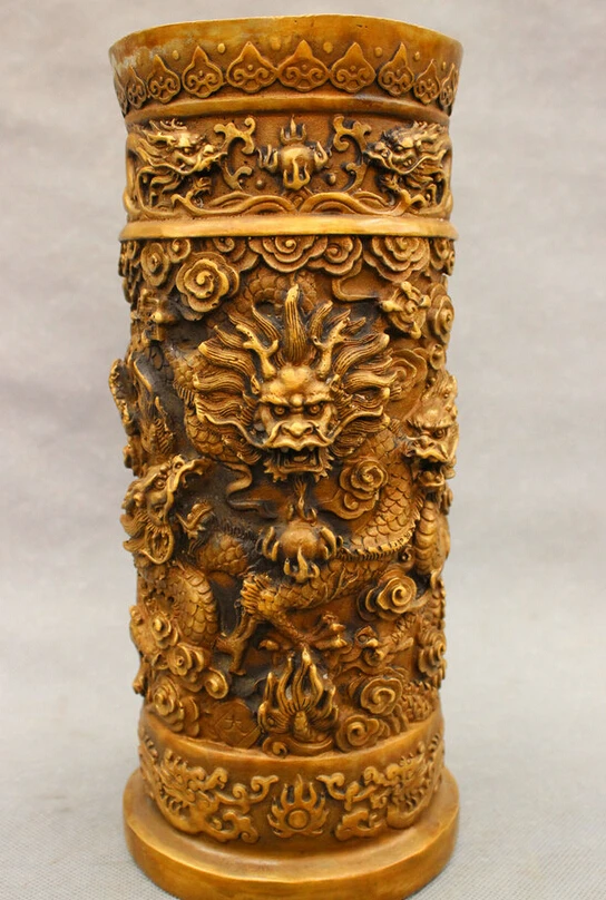 

S3906 10" Chinese Bronze Folk Dynasty Wealth 9 Dragon Statue Brush Pot Pencil Vase D0318