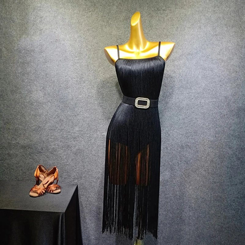 

New Long Fringe Latin Dress Women BLack Dance Dress Modern Rumba/Samba Flamengo Female Adult Practice Latin Dance Costume VDB422