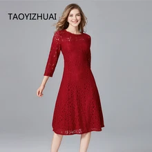 TAOYIZHUAI Новое поступление осенний Винтажный стиль плюс размер L Красная Высокая талия средняя стрейчевая, до голеней тонкие кружевные платья для женщин 14122