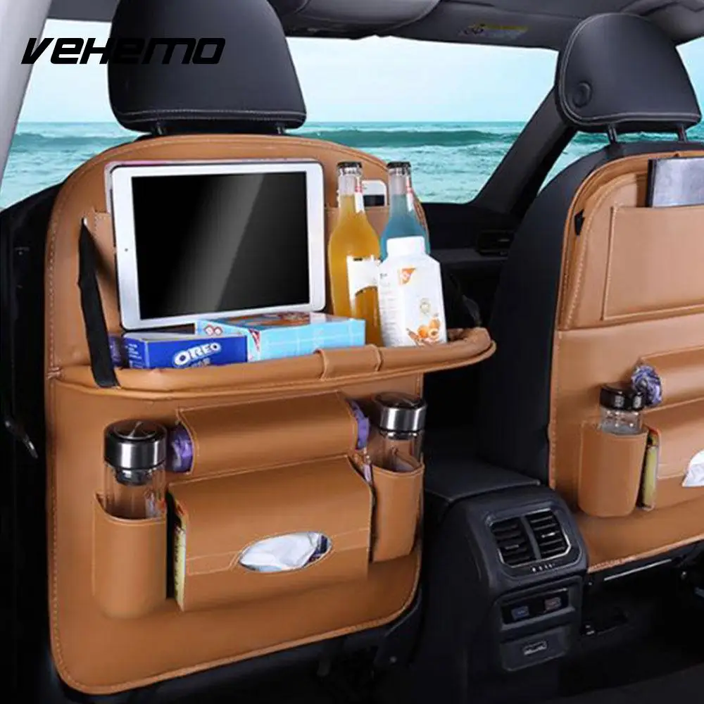 

VEHEMO New PU Leather Car Seat Back Hanging Organizer Bag Universal Auto Multi-pocket Pad Cups Storage Holder Bag Foldable Shelf