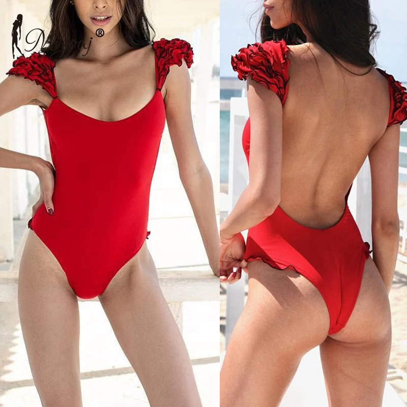 

Miyouj Ruffle One Piece Swimsuit 2019 Solid Swimwear Lace Up Bathing Suit Women Push Up Backless Biquini High Cut Bikini Mujer