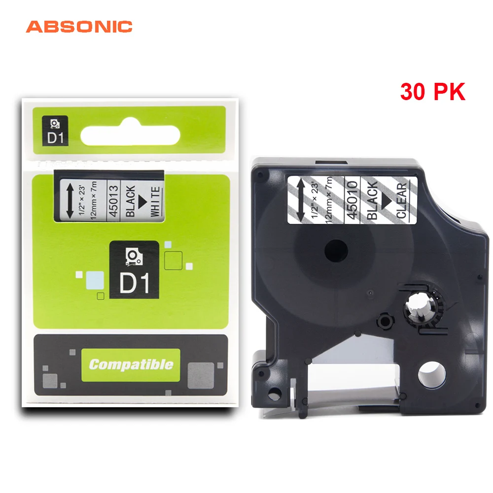 

Absonic 30PCS 12MM Refill Lable Tape Cassette DYMO D1 45010 Black on Clear Compatible For Printer Dymo LabelManager 160 210D 280