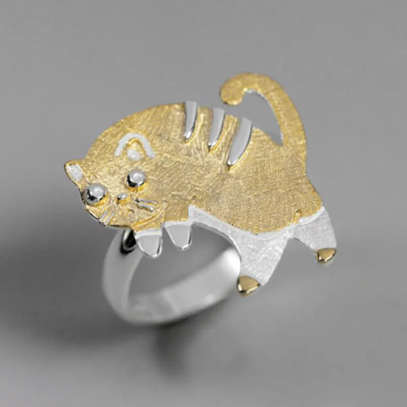 

JINSE Real 925 Sterling Silver Handmade Fine Jewelry Lovely Scared Cat Design Rings For Women Bijoux Cute Gifts