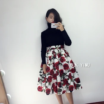 

50s Vintage Summer Woman Skirts Retro Red Rose Flower Bouquet Floral Print High Waist Mid-Calf Skirts Long Cintura Alta