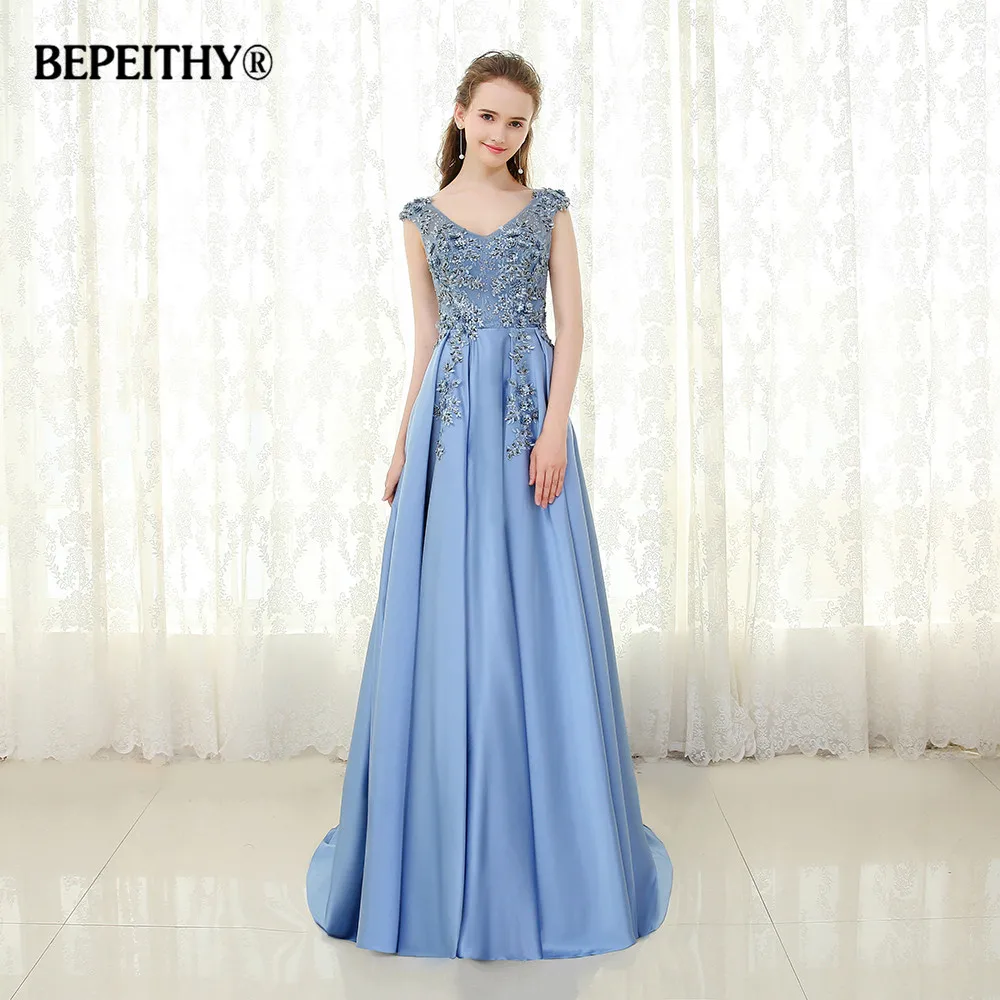 

BEPEITHY Blue Lace Long Evening Dress V neck Vestido De Festa 2019 Custom Made Elegant Beaded Prom Gowns Robe De Soiree