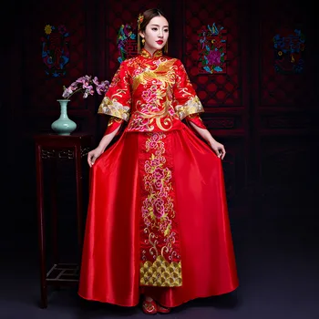 

Chinese Women Embroidery Qipao National Style Bride Dress Red Noble Ladies Marriage Cheongsam Suit Vintage Wedding Evening Gowns