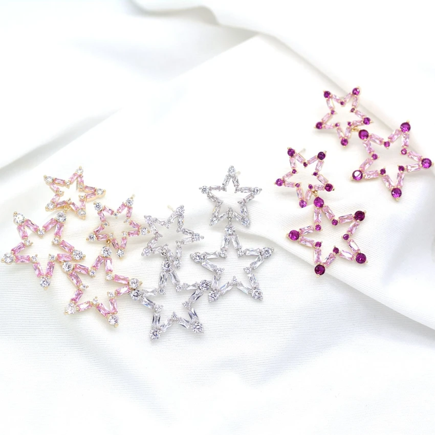 

Fashion Hollow 3 Colors Star Long Drop Earrings for Women Crystal Zircon Gold Filled Earings Silver needle Anniversary Jewelry