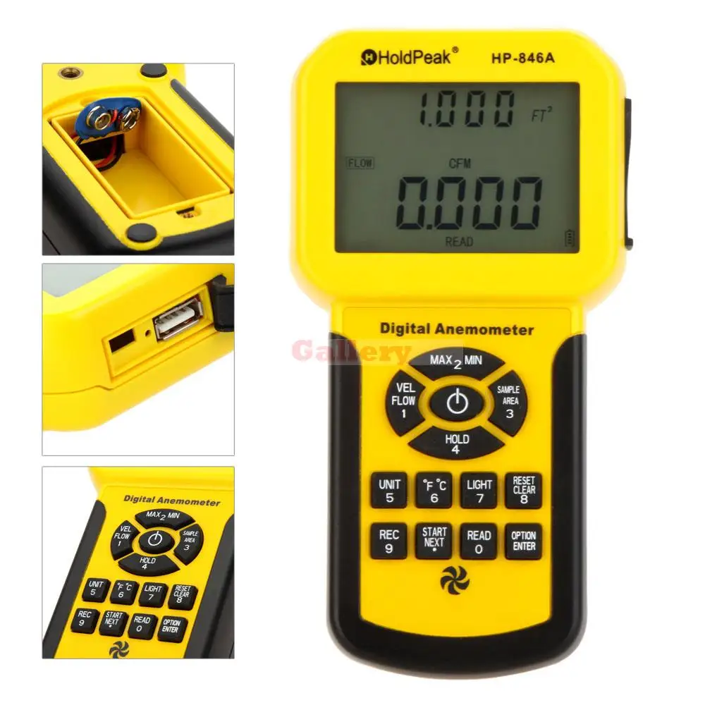 

Holdpeak Hp-846a Digital Anemometer Wind Speed Air Flow Temperature Meter Tester Sensor Thermometer