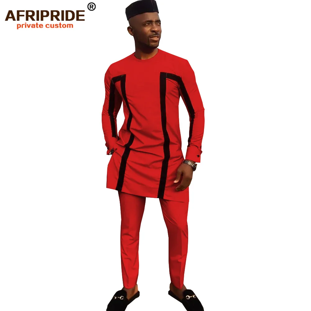 Африканская традиционная одежда для мужчин, комплект из 3 предметов, однотонные рубашки-Дашики+ брюки из Анкары+ шляпа с принтом bazin riche AFRIPRIDE A1916003 - Цвет: 3-12