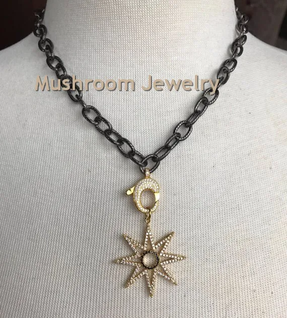 Gunmetal and Gold Pave Crystal Starburst with Gold Pave Crystal Clasp on Gunmetal Chain Necklace1