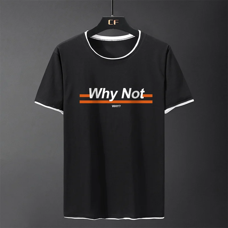 

Why Not 2019 Male Short Sleeve Fake Two T Shirt O-Neck Loose Men T-Shirt Fashion Men Print Tee Shirt Plus Size 4XL Black/White