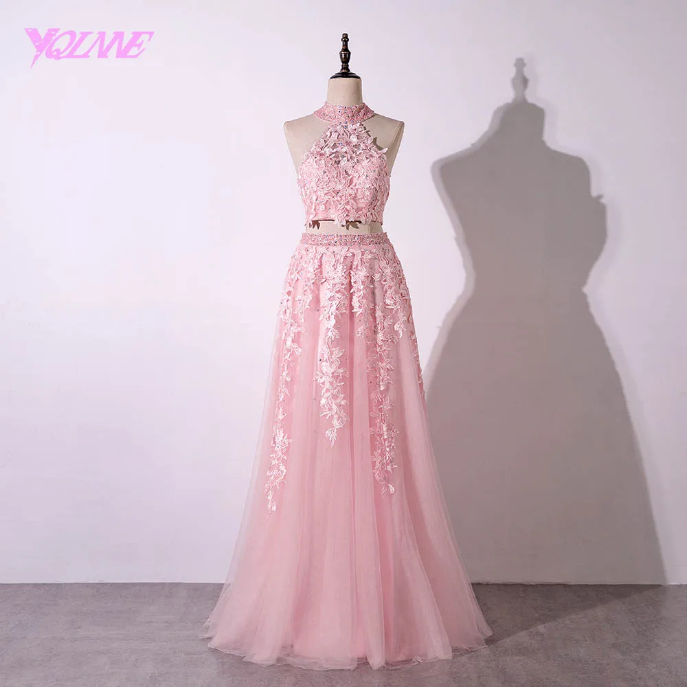 YQLNNE розовые длинные платья для выпускного вечера из двух частей с бретелькой на шее кружевные вечерние платья из тюля с бисером