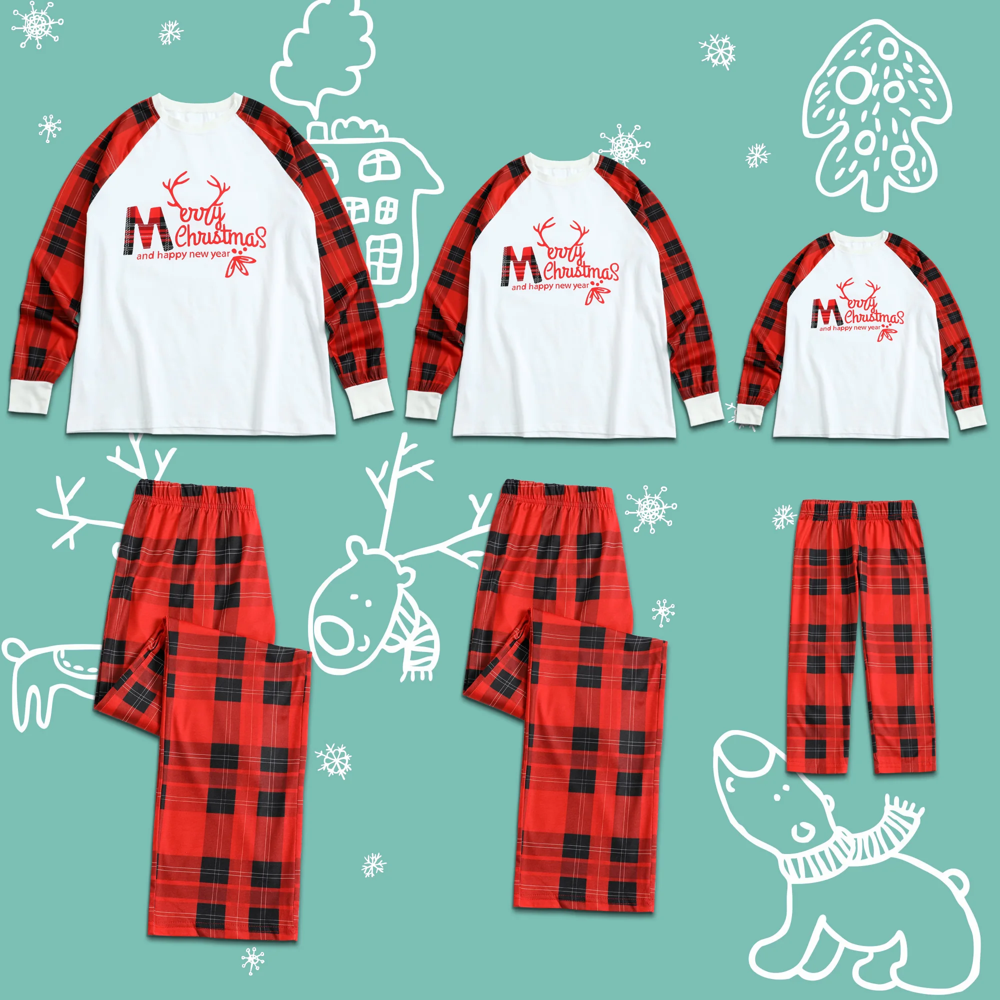 

PatPat Autumn Winter Holiday Reindeer Merry Christmas 'plaid Long-sleeved Tops and Pants for Family Matching Pajamas Set
