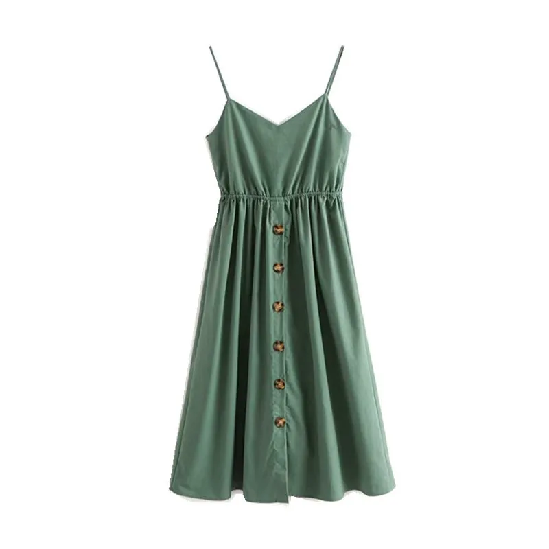 

Vintage Back Bow Lacing Up Open Buttons Hem Spaghetti Strap Dress Green 2018 Retro Mid-Calf A-Line Swing Dresses