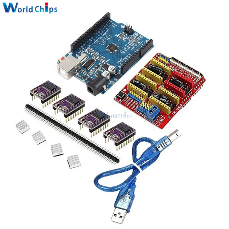

CNC Shield V3 Engraving Machine 3D Printer Module + 4pcs A4988/DRV8825 Driver Expansion Board for Arduino UNO R3 with USB Cable