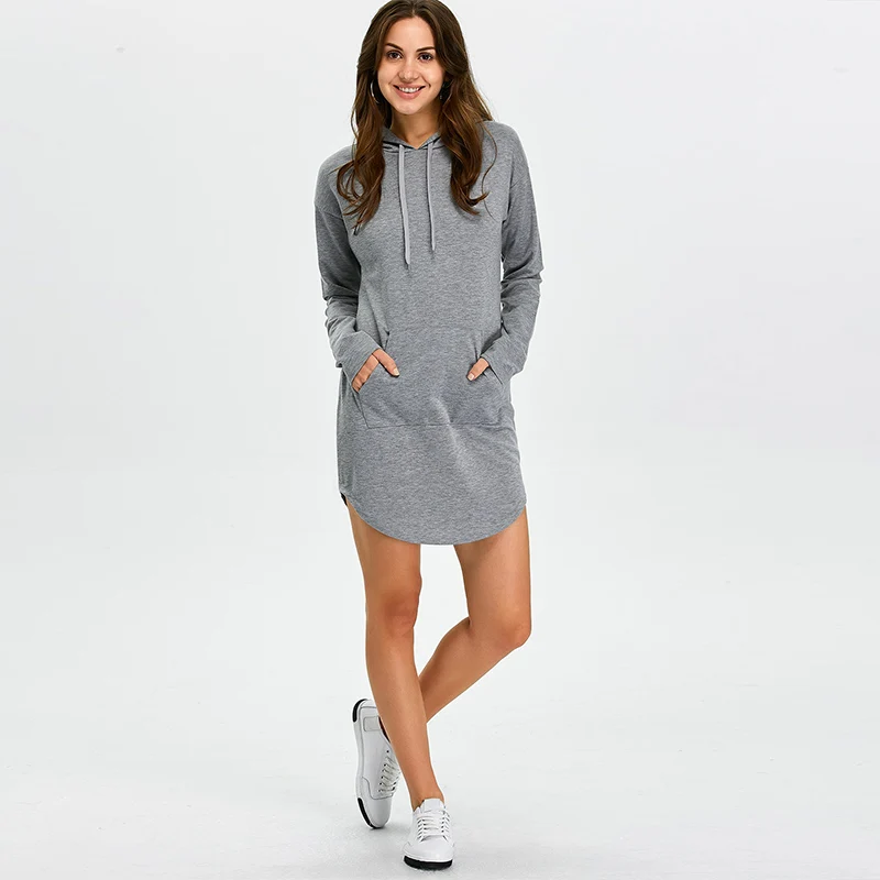 VESTLINDA Hooded Dresses Pocket Long Sleeve Sweatshirt Solid Gray Mini Dress Robe Femme Women Vestido De Festa 2017 Casual Dress 4
