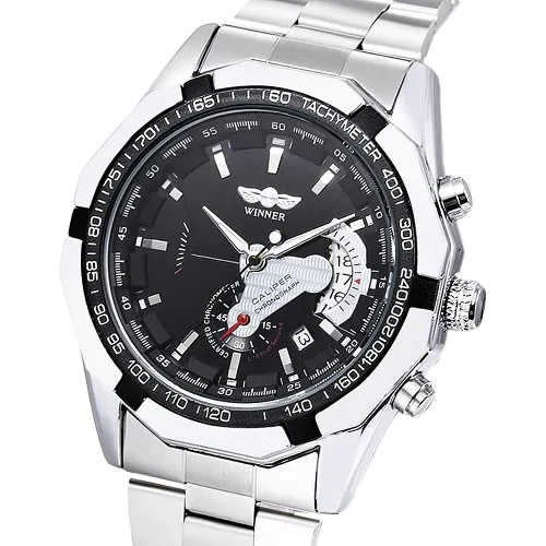 الفائز الرجال السيارات الميكانيكية ووتش الفولاذ المقاوم للصدأ Masculinos Relogios تاريخ عرض شفافة الغطاء الخلفي ساعة اليد