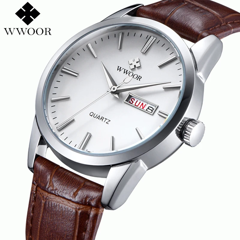 

WWOOR Luxury Brand Day Date Genuine Leather Strap Men's Casual Quartz Watch Men Sports Watches Wristwatch Relogio Masculino