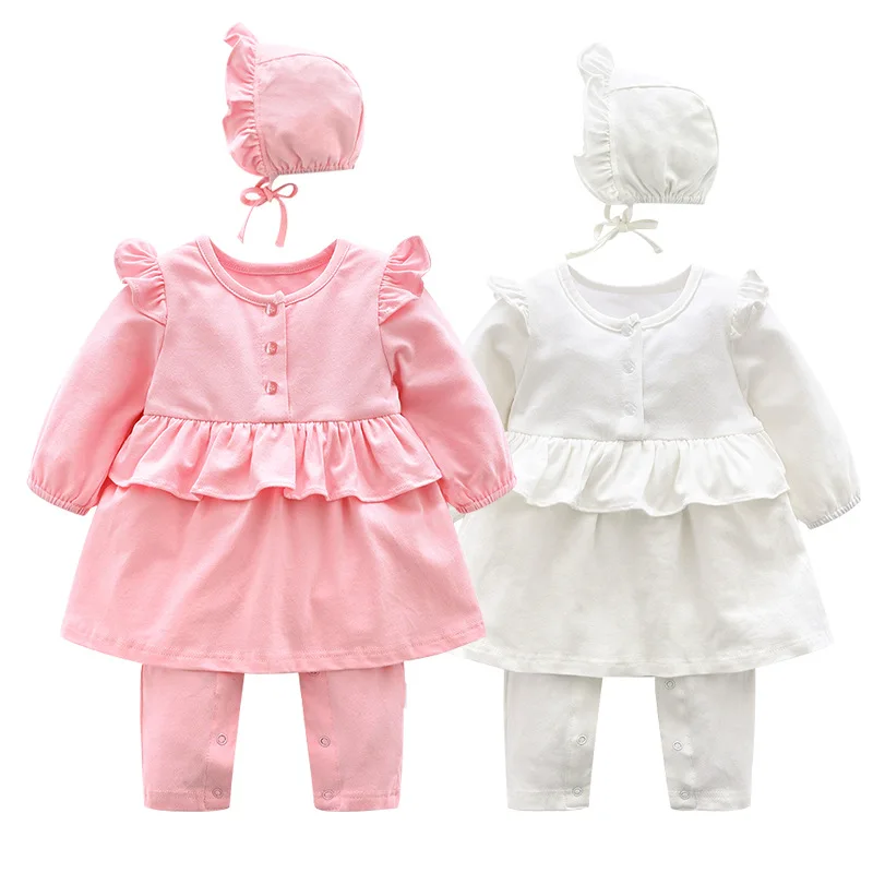 New 2018 Infants Clothing Pink White Baby Romper Long Sleeve With Hat baby girl clothing newborn