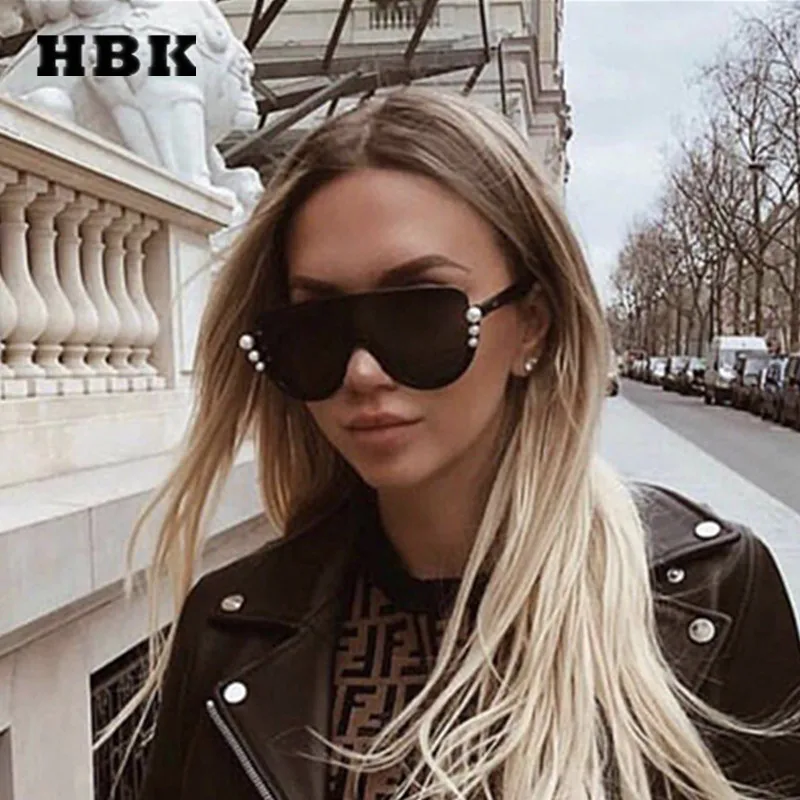 

HBK Unisex Semi-Rimless Sunglasses Big Frame Vintage Simple Pearl Women Brand Designer Luxury 2018 New Fashion Sun Glasses UV400