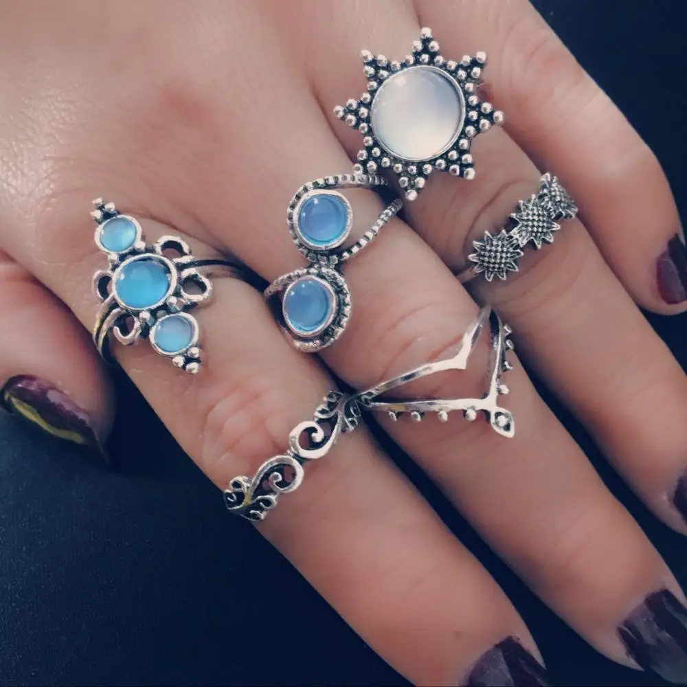 

6 pieces / set of ladies vintage ring boho geometric flower crystal ring women's party jewelry 2019 new ring ring fashion trend
