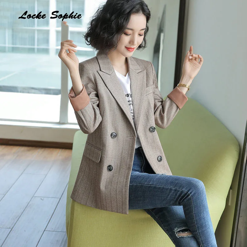 Women's Plus size Blazers coats 2019 Autumn cotton blend stripe Double-breasted Small Suits jackets ladies Skinny Blazers Suit