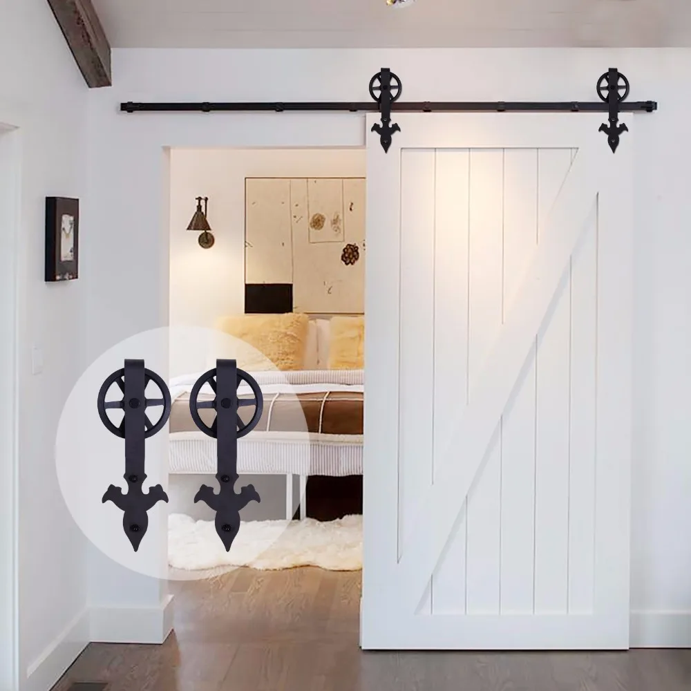 LWZH Rustic Wood Door Closet Hardware Kit Sliding Barn Door Black Arrow Flower Shaped with Big Rollers for Sliding Single Door