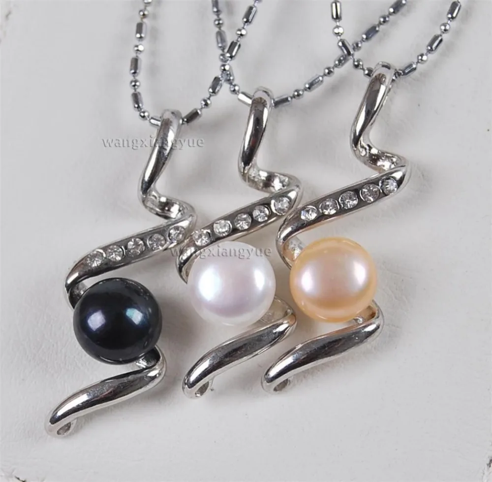 

FREE SHIPPING3Pcs 8-9mm white Black Pink Akoya Cultured Pearl S Shape Pendant Necklace AAA