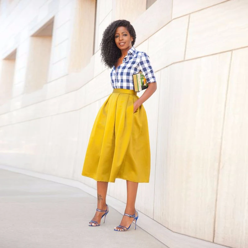 

Black Girl Yellow Skirt 2017 Trendy Mid Calf Pleated Women Skirt Formal Party Skirt Cheap Free Shipping 5XL Plus Size