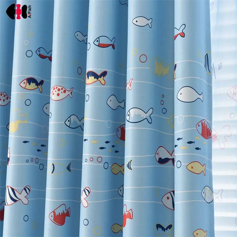 

Blue Ocean Sea Fish Printed Curtains for Children Kids Boys Bedroom Study Tulle Sheer Curtain Cartoon Window Drapes JS09B