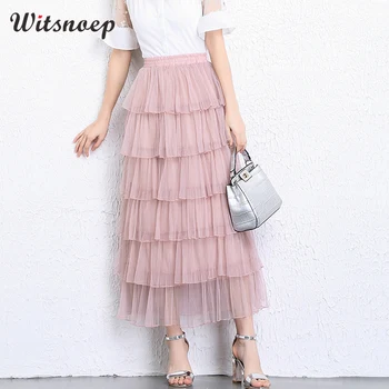 

Witsnoep Elegant Long Skirts Women 2018 Korean Fashion High Waist Long Maxi Skirt Female Black Pink Mesh Tiered Skirt Girl