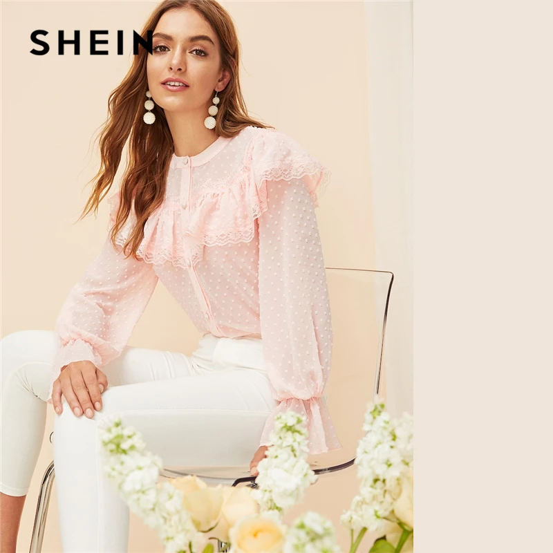 SHEIN Романтический пастельный розовый топ в горошек с оборками, жаккардовый Топ, блузка на пуговицах, женские весенние блузки с рукавами-воланами, милые элегантные блузки