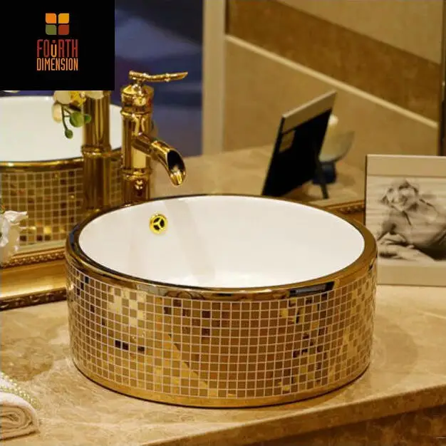 Gold Mosaic Countertop Round Ceramic Bathroom Sink Art Basin With Gold Mosaic Countertop Round Ceramic Bathroom Sink Art Basin With Overflow In Sinks From Home Improvement On Aliexpress Alibaba Group