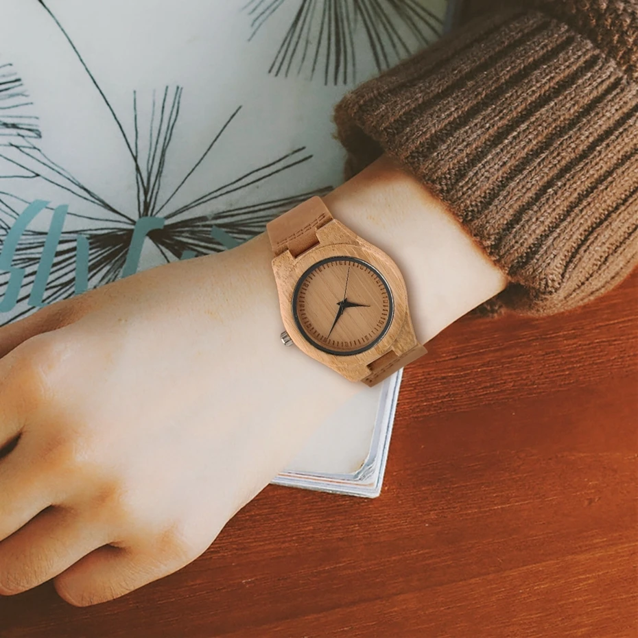 Top Minimalist Bamboo Wood Watch Fashion Women Dress Hour Clock Soft Leather No Words Round Dial Quartz Wristwatches Reloj Mujer 2018 Best Gifts bobo (15)