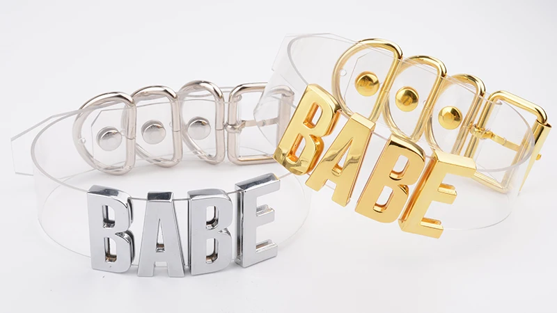 Women Men Unisex Custom Handmade Letter Choker Necklace Kawaii Punk Goth BDSM Collar Gold Metal Transparent Leather BABE Choker 11