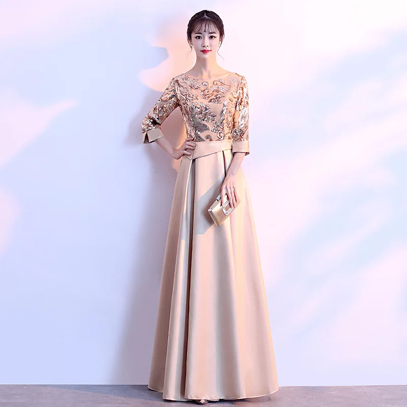 

Golden Evening Dress Long-style Spring Sequins 2019 Elegant Celebrities Dresses Shinning Sequins Sleeveless Illusion O-neck