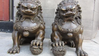 

Chinese Royal Red Bronze Palace Evil Door Fu Foo Dog Lion Fengshui Statue Pair