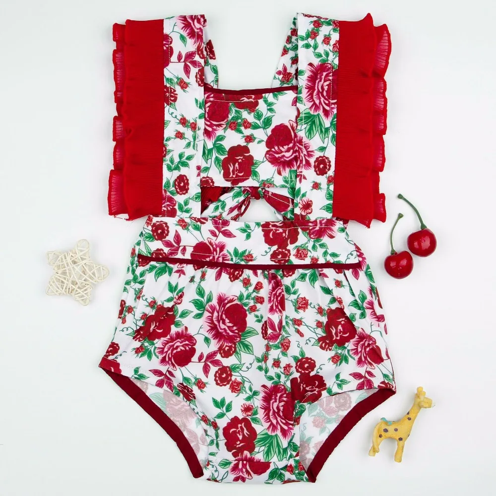 Newborn Girl Rose Print Romper Sweet Baby Girl Ruffle Sleeve Clothing