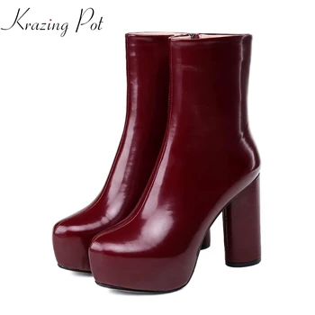 

Krazing Pot new cow leather super high heels high street fashion waterproof party wedding sexy round toe Chelsea ankle boots L02