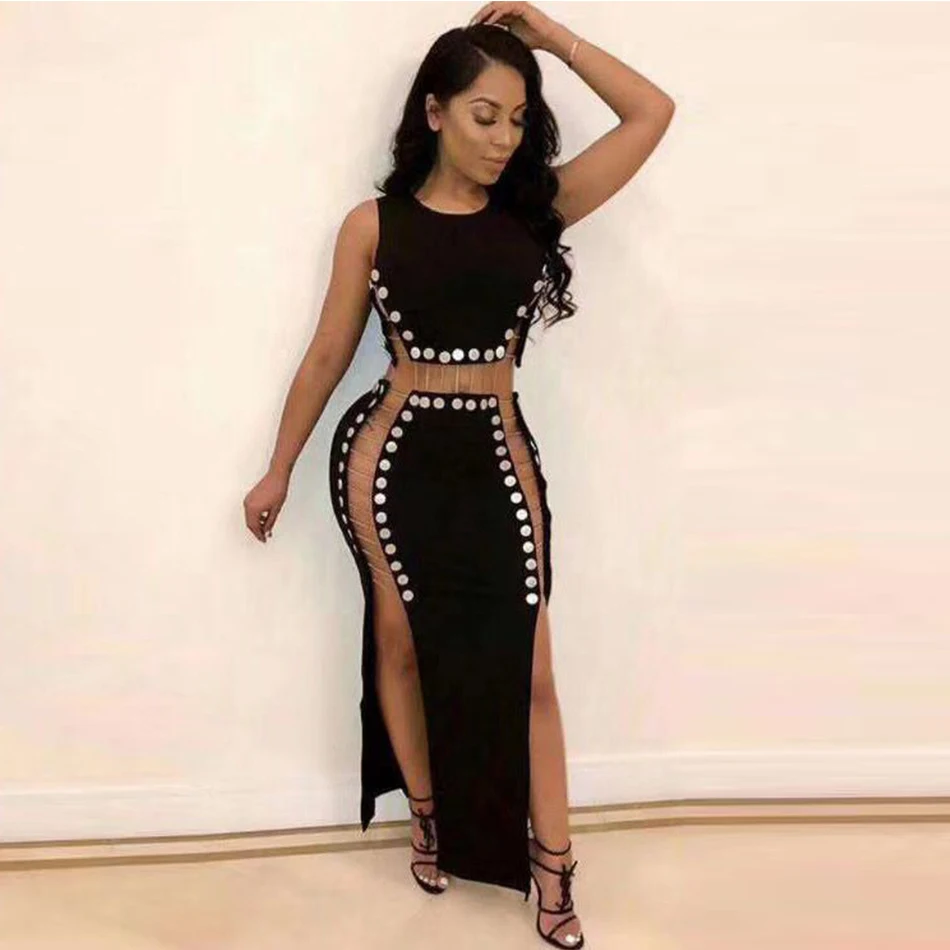 

ADYCE 2019 Summer Women Bandage Dress Vestido Black Tank Sexy Hollow Out Maxi Club Lace Sleeveless Bodycon Celebrity Party Dress