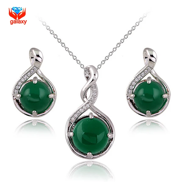 

Luxury Real Green Crystal Stud Earrings Pendant Necklace Set For Women Real White Gold Filled Jewelry Sets YS022