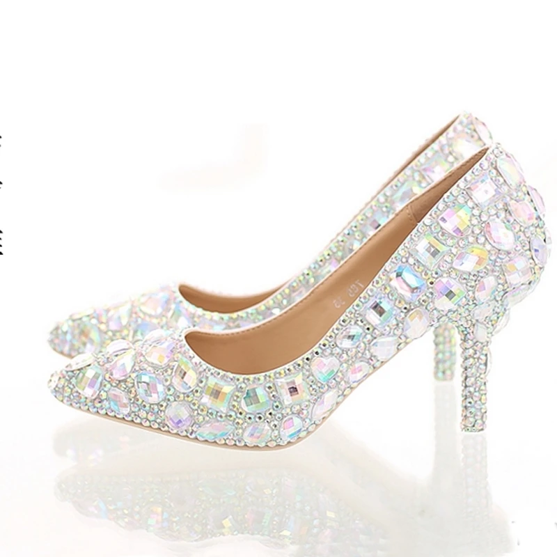 

Crystal Wedding High Heel Shoes Glitter AB Color Performance Party Shoes Pointed Toe Party Prom Pumps Bling Bling Women Shoes