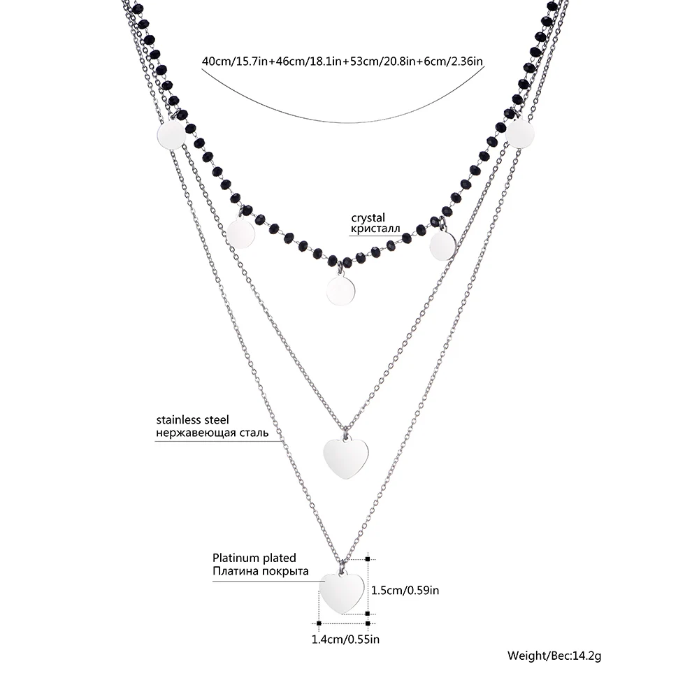 Женское многослойное ожерелье в форме сердца, черные цепочки с кристаллами, колье, бижутерия из нержавеющей стали, модное ювелирное изделие