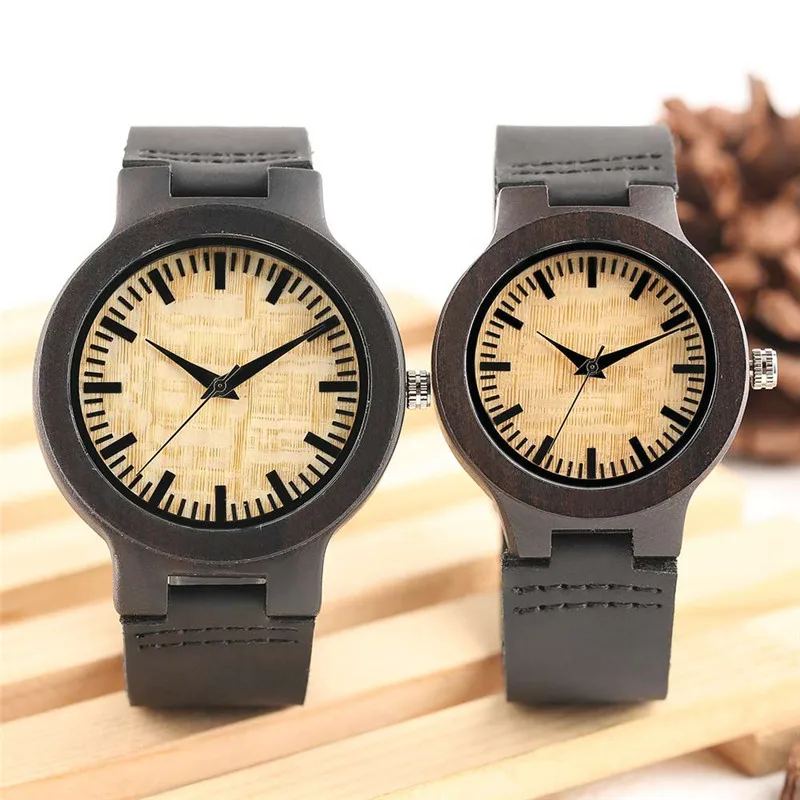 Пара Часы простой ручной Ebony кварцевые наручные часы стильные деревянные часы с черным Пояса из натуральной кожи ремешок для любителей часы