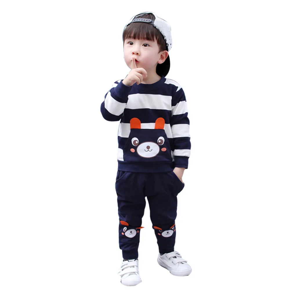 ARLONEET, осенне-зимний комплект одежды для маленьких мальчиков и девочек, топ в полоску с рисунком медведя+ штаны, наряды, feb1/P