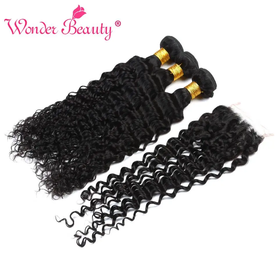 

Wonder Beauty Deep Wave Brazilian Hair Weave 3 Bundles With Closure Human Hair Bundles With Closure 4Pcs Non Remy Hair Extension