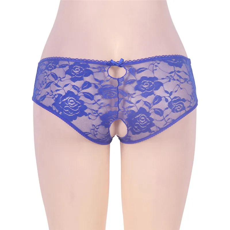 Women Sexy Lingerie Open Crotch Hot Erotic Floral Lace Underwear Crotchless Sexy Panties Transparent Porn See Through Briefs - Цвет: Blue