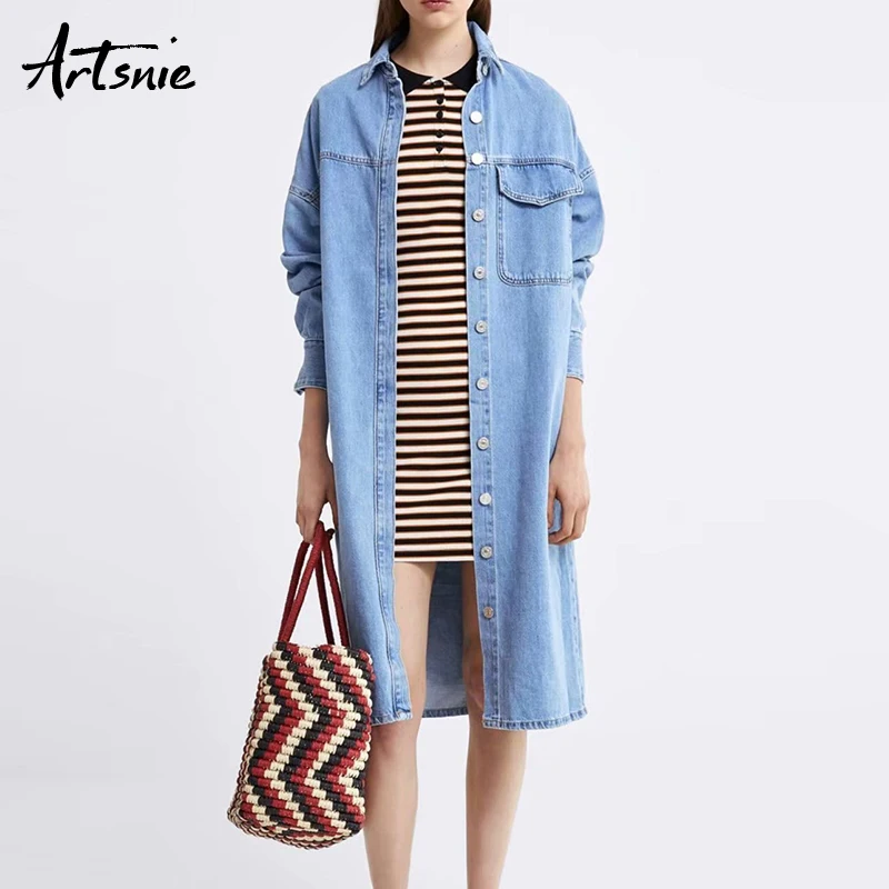

Artsnie streetwear casual blue denim trench coat women spring 2019 turn down collar pockets jeans boyfriend long coats female