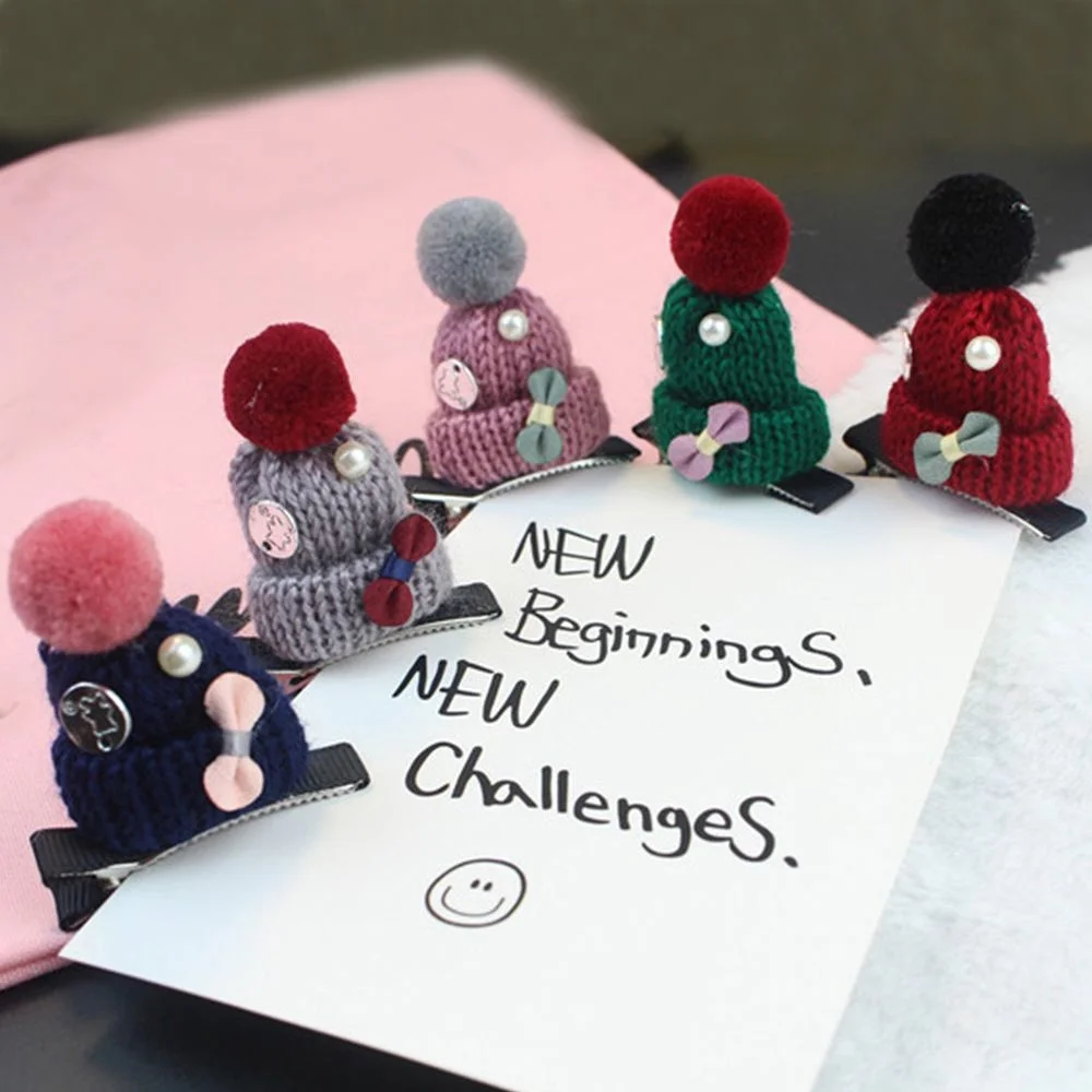 Стильные Разноцветные Детские Модные аксессуары ручной работы, заколка для волос на Рождество для девочек, заколка-шляпка в форме вязаных
